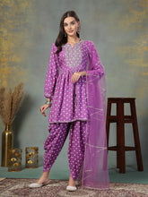 Women's Purple Bandhani Printed & Embroidered Rayon Pleated Kurti with Dhoti Pant & Dupatta Set-KPDPURPLEINK